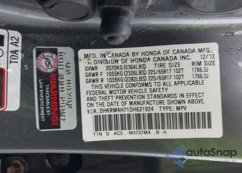 2013 Honda Cr-V Ex-L from USA, damaged, VIN 2HKRM4H71DH621924